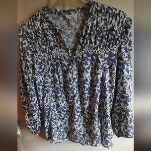 Lucky Brand Blue and White Floral Smocked Tunic